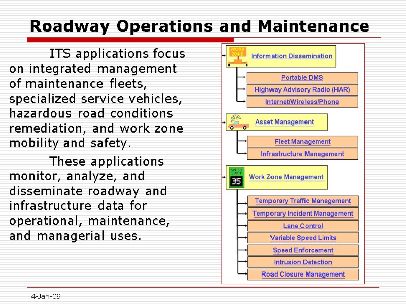4-Jan-09 Roadway Operations and Maintenance  ITS applications focus on integrated management of maintenance